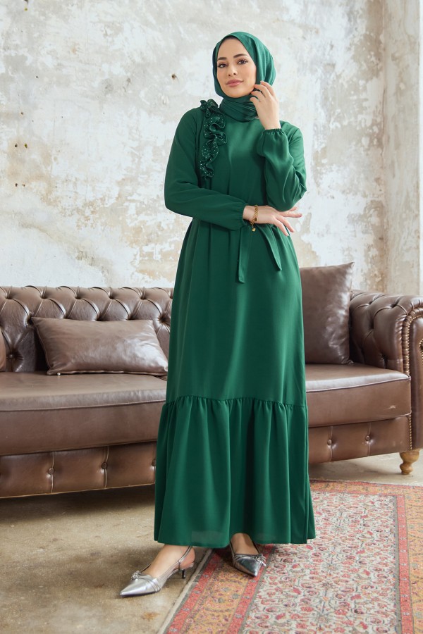 Shoulder Ruffle Dress - Emerald
