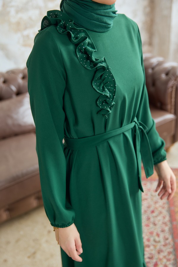 Omuz Fırfırlı Elbise - Zümrüt
