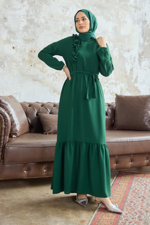 Omuz Fırfırlı Elbise - Zümrüt