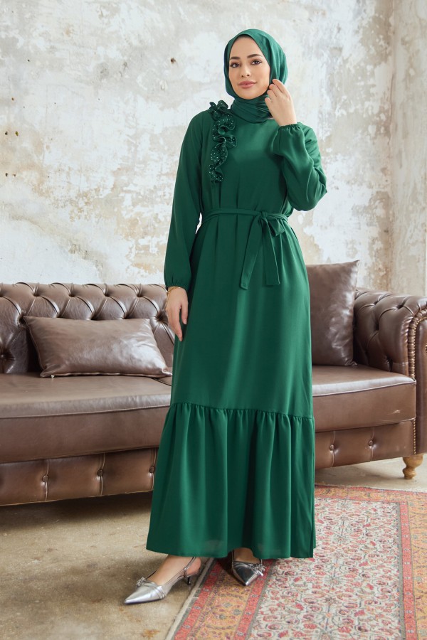 Omuz Fırfırlı Elbise - Zümrüt