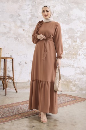 Omuz Fırfırlı Elbise - Camel