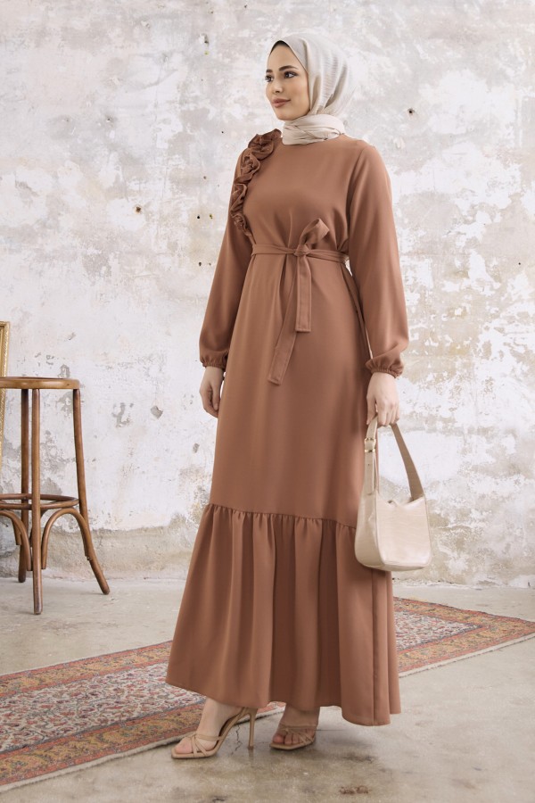 Omuz Fırfırlı Elbise - Camel