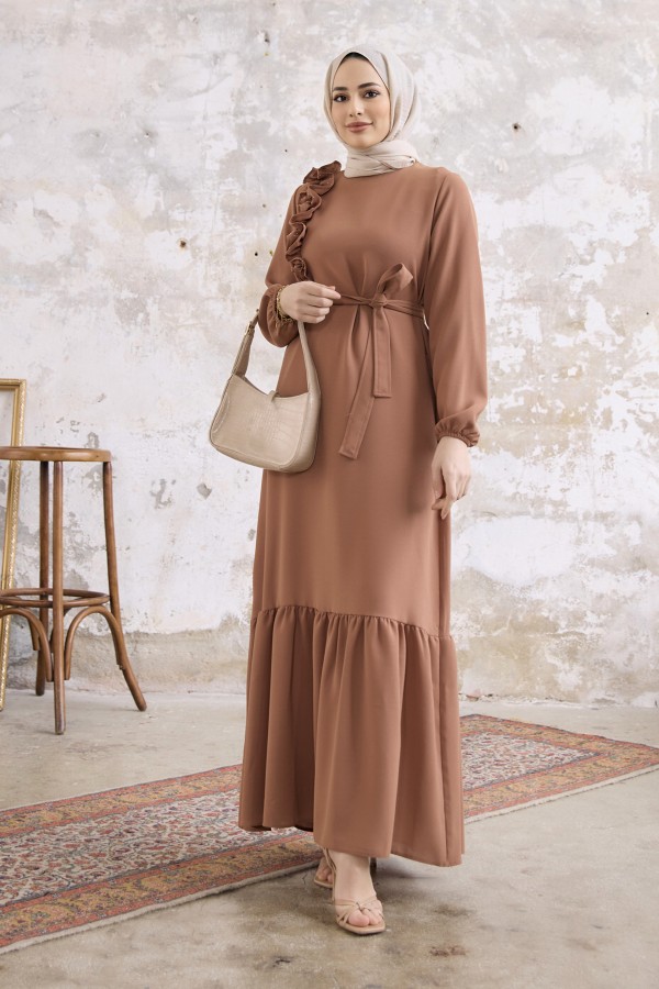 Omuz Fırfırlı Elbise - Camel