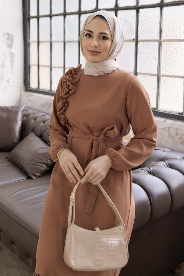 Omuz Fırfırlı Elbise - Camel