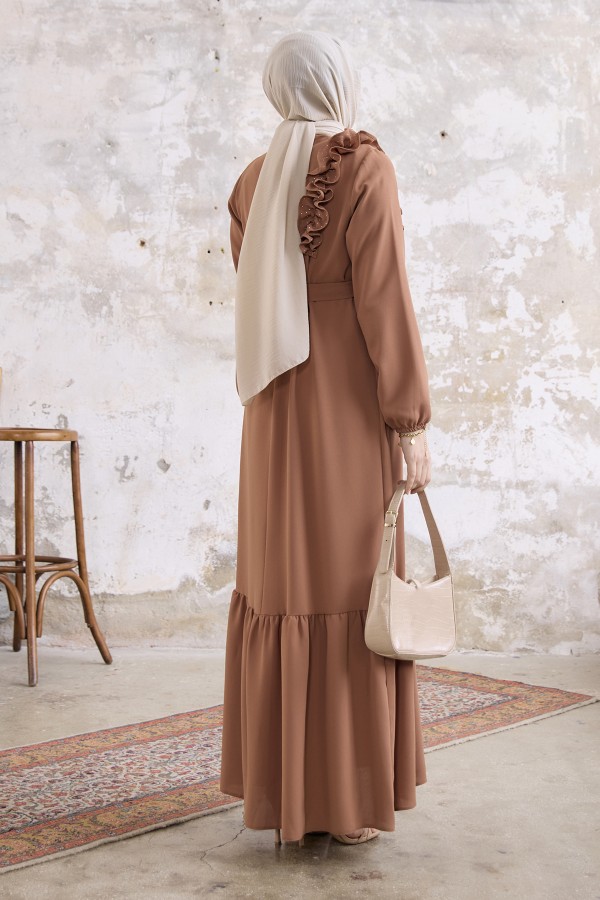 Omuz Fırfırlı Elbise - Camel