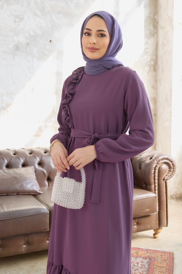 Omuz Fırfırlı Elbise - Leylak