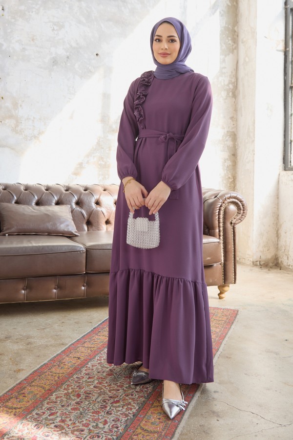 Omuz Fırfırlı Elbise - Leylak