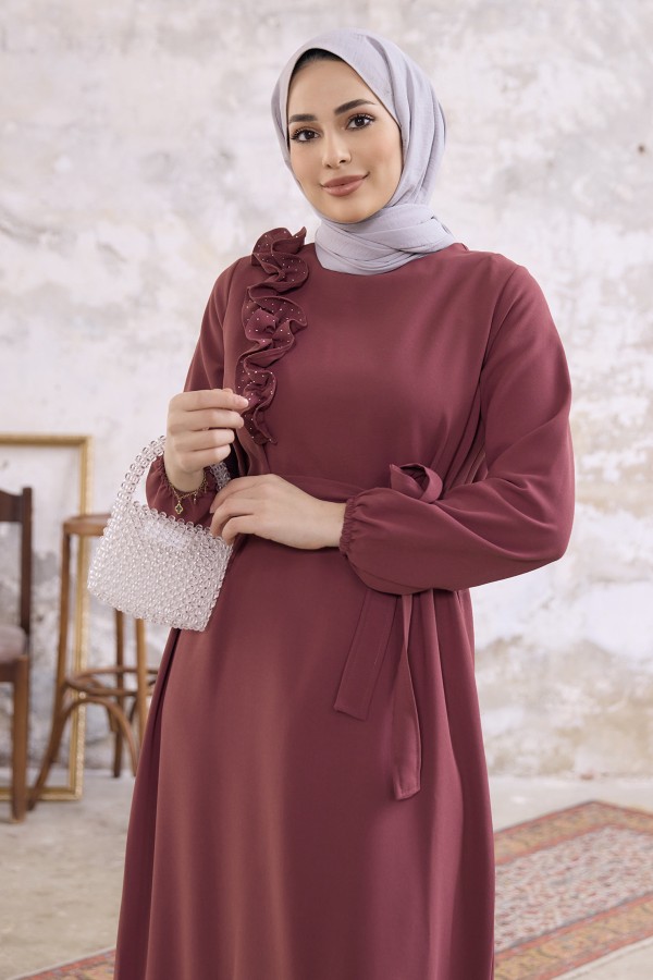 Omuz Fırfırlı Elbise - Gül Kurusu