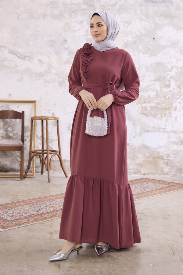 Omuz Fırfırlı Elbise - Gül Kurusu