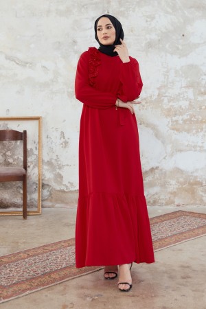 Omuz Fırfırlı Elbise - Kırmızı