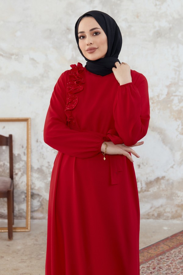 Shoulder Ruffle Dress - Red