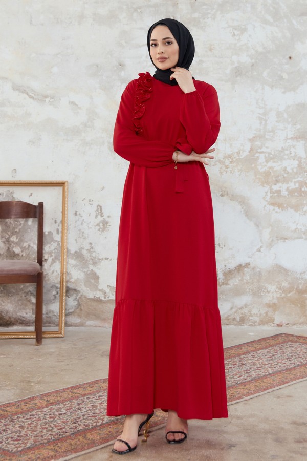 Shoulder Ruffle Dress - Red