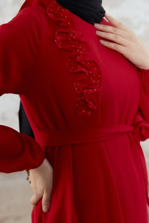 Shoulder Ruffle Dress - Red