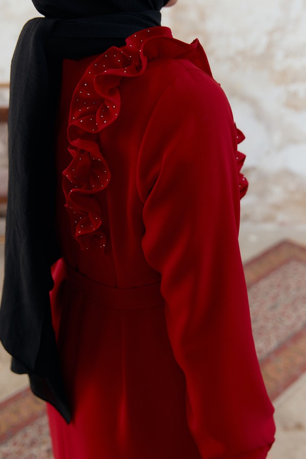 Shoulder Ruffle Dress - Red