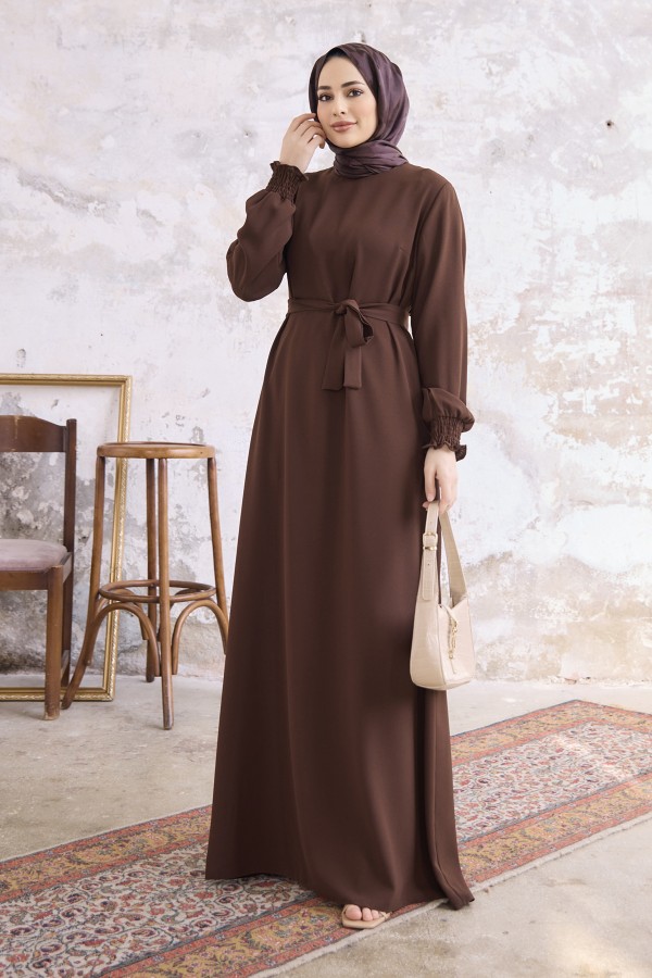 Vera Kuşaklı Elbise - Kahve