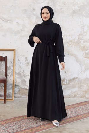 Kapaklı Krep Elbise - Siyah