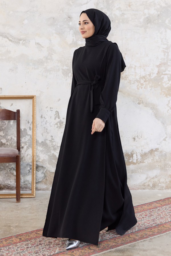 Kapaklı Krep Elbise - Siyah
