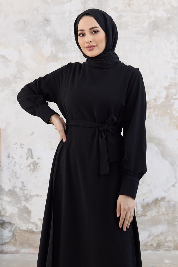 Kapaklı Krep Elbise - Siyah