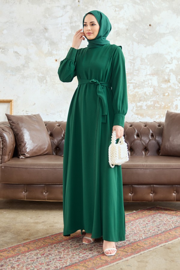 Kapaklı Krep Elbise - Zümrüt