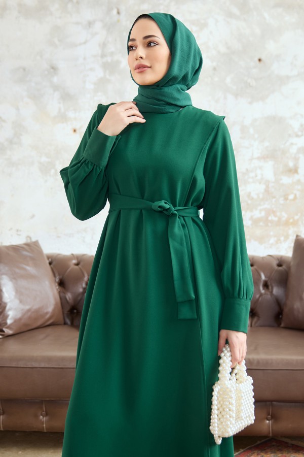 Kapaklı Krep Elbise - Zümrüt