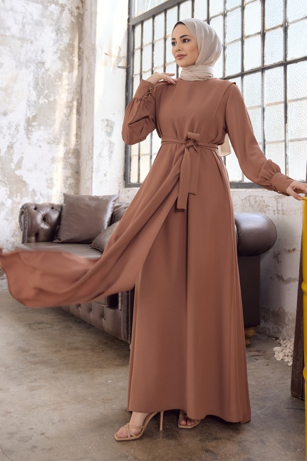 Kapaklı Krep Elbise - Camel