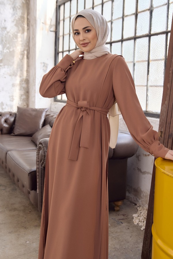 Kapaklı Krep Elbise - Camel