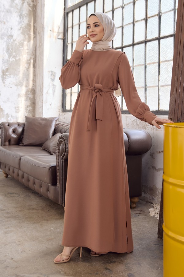 Kapaklı Krep Elbise - Camel