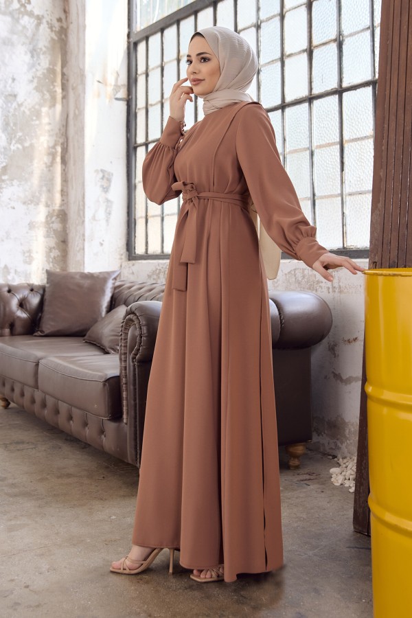 Kapaklı Krep Elbise - Camel