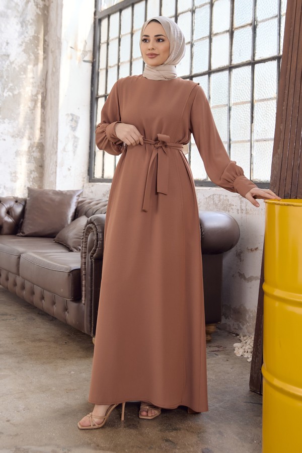 Kapaklı Krep Elbise - Camel