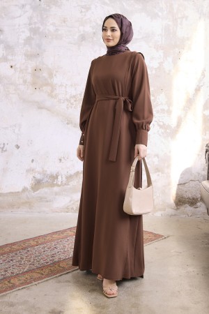 Kapaklı Krep Elbise - Kahverengi