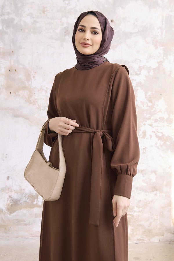 Capped Crepe Dress - Brown