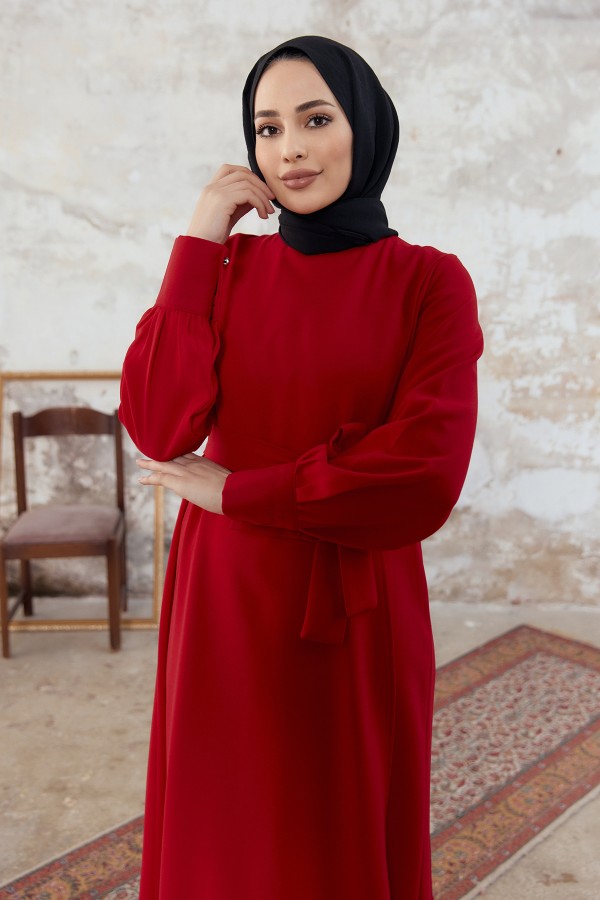 Kapaklı Krep Elbise - Kırmızı