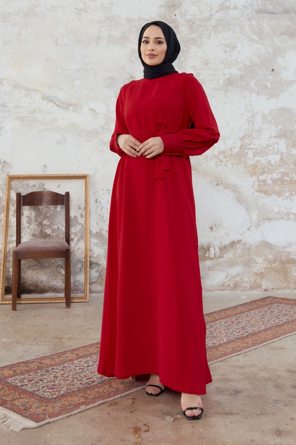Kapaklı Krep Elbise - Kırmızı
