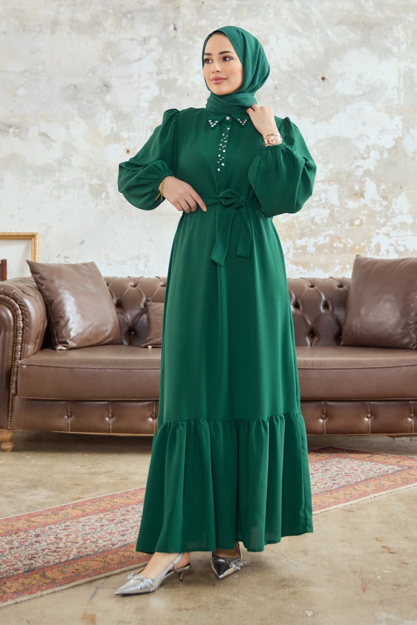 Neva Taşlı Elbise - Zümrüt