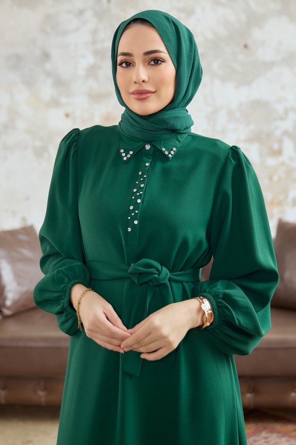 Neva Taşlı Elbise - Zümrüt