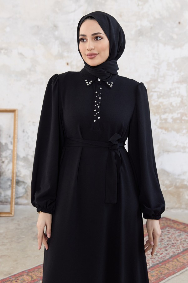 Neva Taşlı Elbise - Siyah
