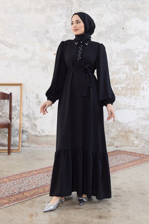 Neva Taşlı Elbise - Siyah