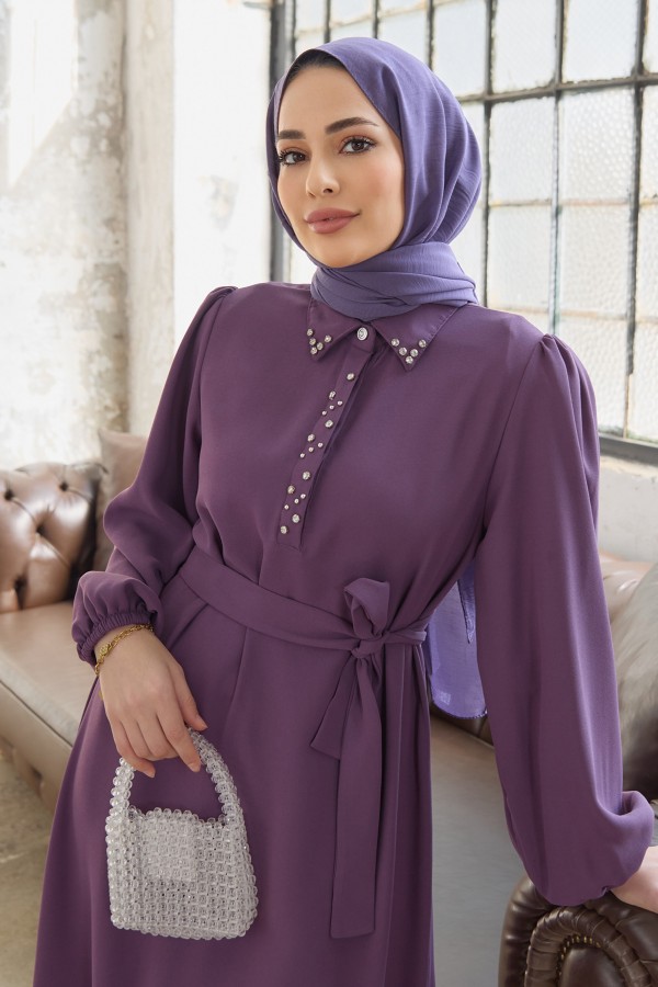 Neva Taşlı Elbise - Leylak