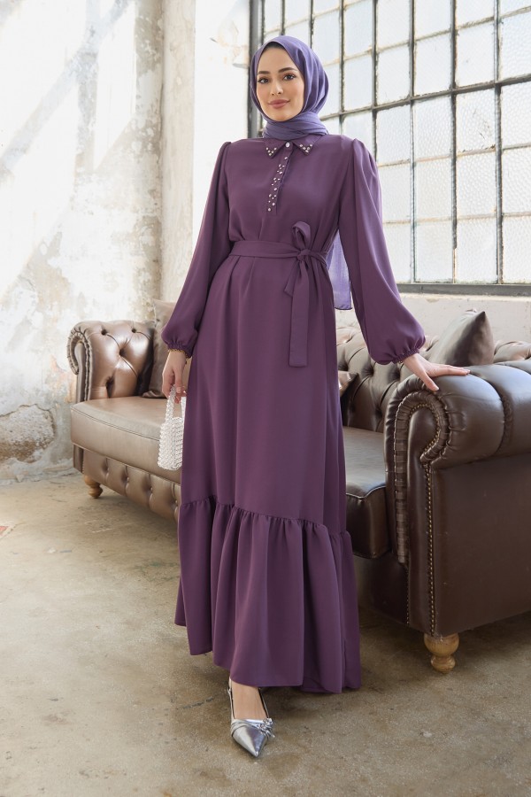 Neva Taşlı Elbise - Leylak