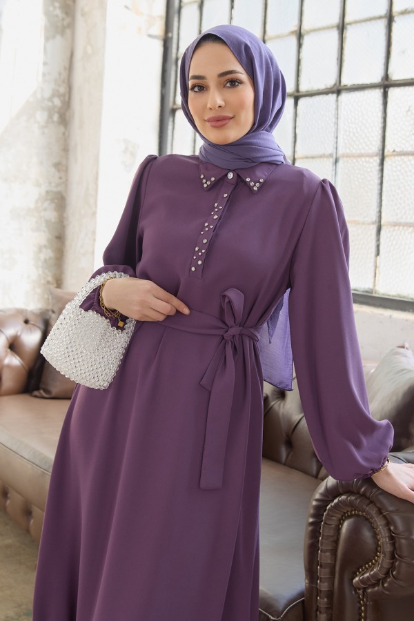 Neva Taşlı Elbise - Leylak