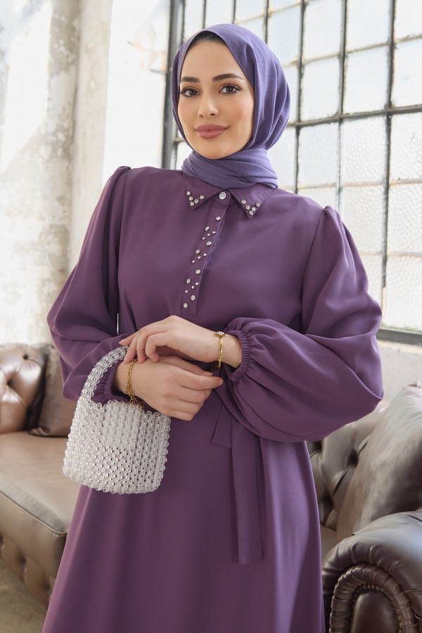 Neva Taşlı Elbise - Leylak