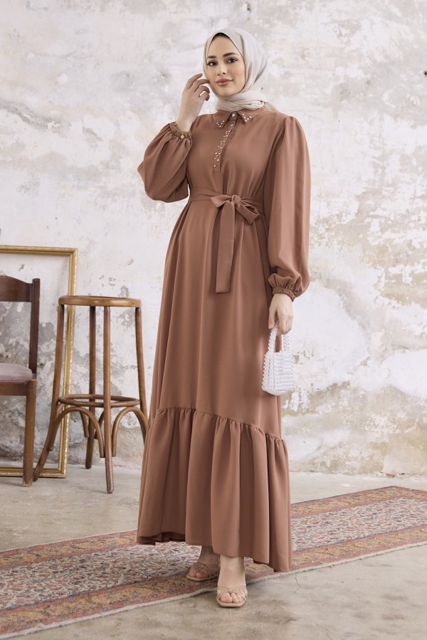 Neva Taşlı Elbise - Camel