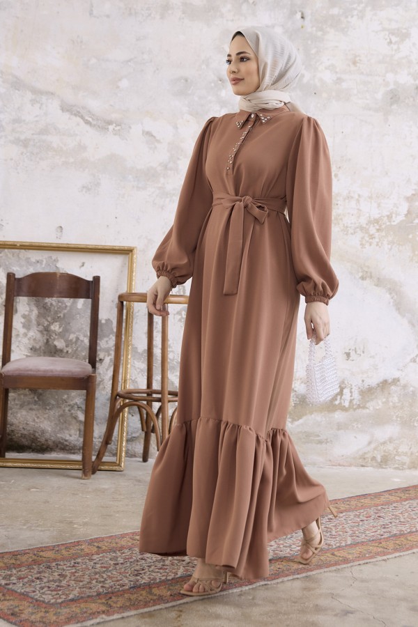 Neva Taşlı Elbise - Camel