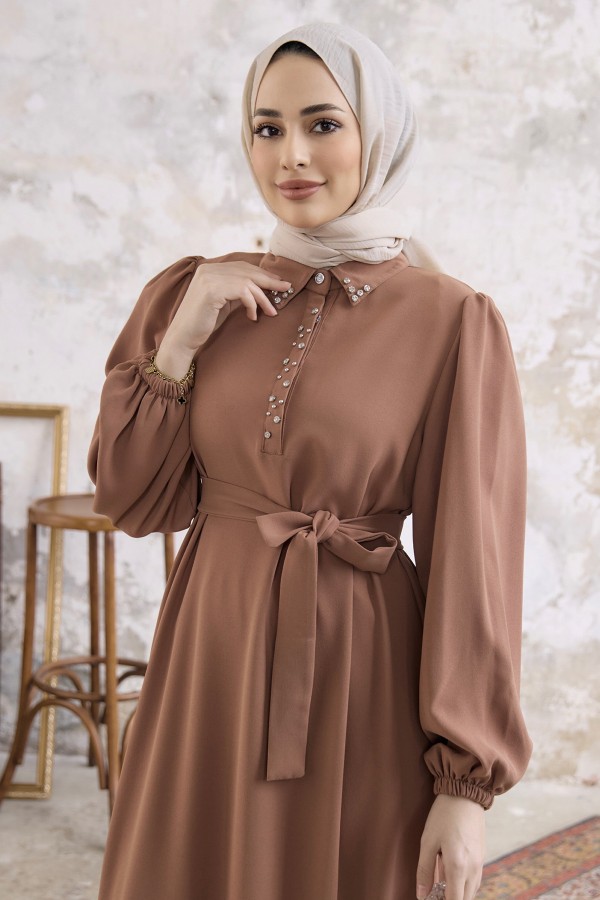 Neva Taşlı Elbise - Camel