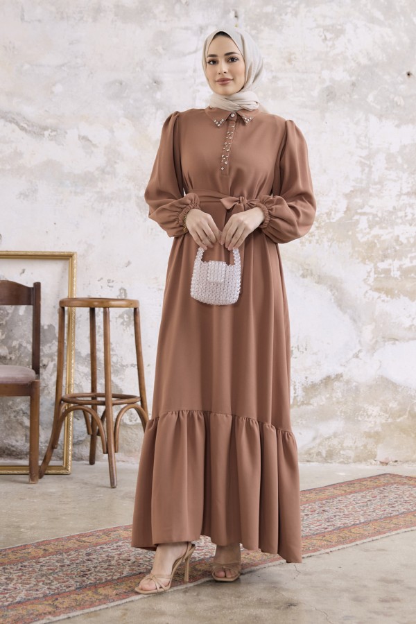 Neva Taşlı Elbise - Camel