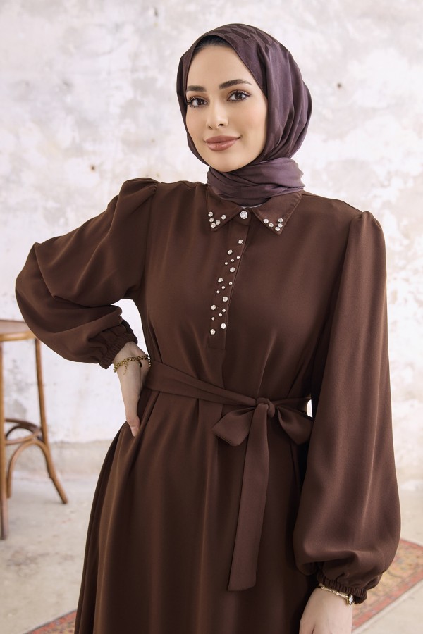 Neva Taşlı Elbise - Kahverengi