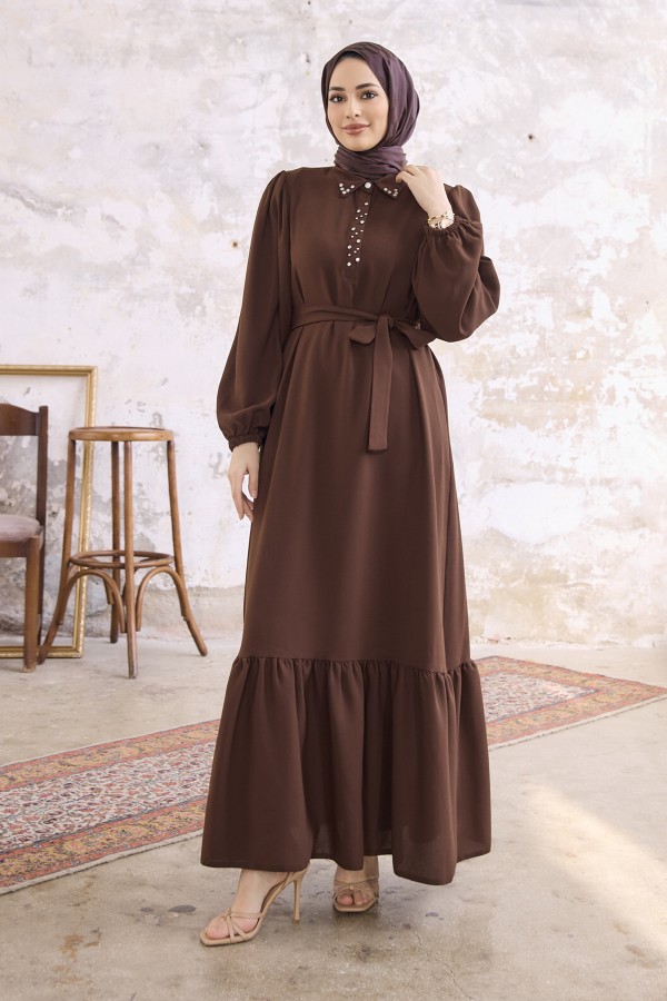 Neva Taşlı Elbise - Kahverengi