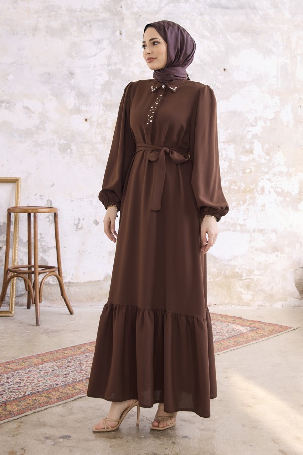 Neva Taşlı Elbise - Kahverengi