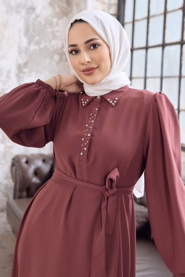 Neva Taşlı Elbise - Gül Kurusu