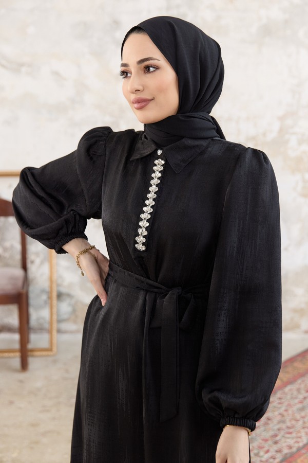 Taş Detaylı Jakar Elbise - Siyah